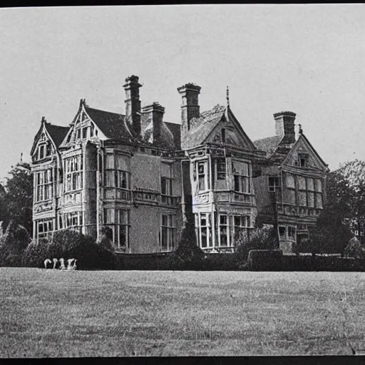 Image similar to edwardian photograph of a huge mansion, in the countryside, grainy, 1 9 1 0 s, 1 9 2 0 s, blurry, victorian, detailed