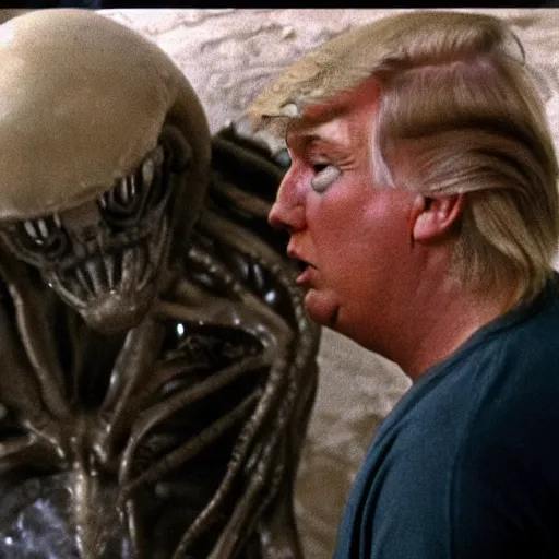 Prompt: film still of Donald Trump being held against a wall by a predator in the movie Alien.