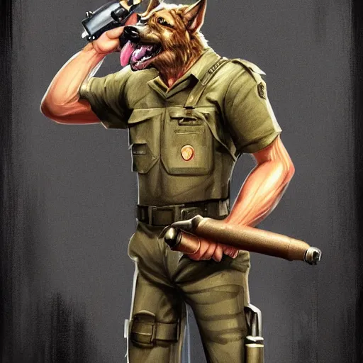 Image similar to a humanoid german shepherd beast - man in military style, holding a bottle of beer, artstation, concept art, smooth, sharp foccus ilustration, artstation