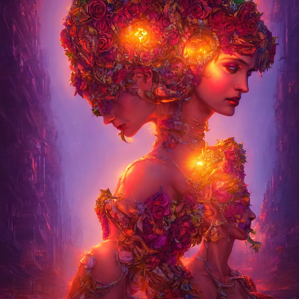 Image similar to Beautiful 3d render of the flower queen goddess in a sensual pose, atmospheric lighting, painted, intricate, volumetric lighting, beautiful, rich deep colours masterpiece, sharp focus, ultra detailed, in the style of Dan Mumford and marc simonetti, with a crowded futuristic cyberpunk city in the background, astrophotgraphy