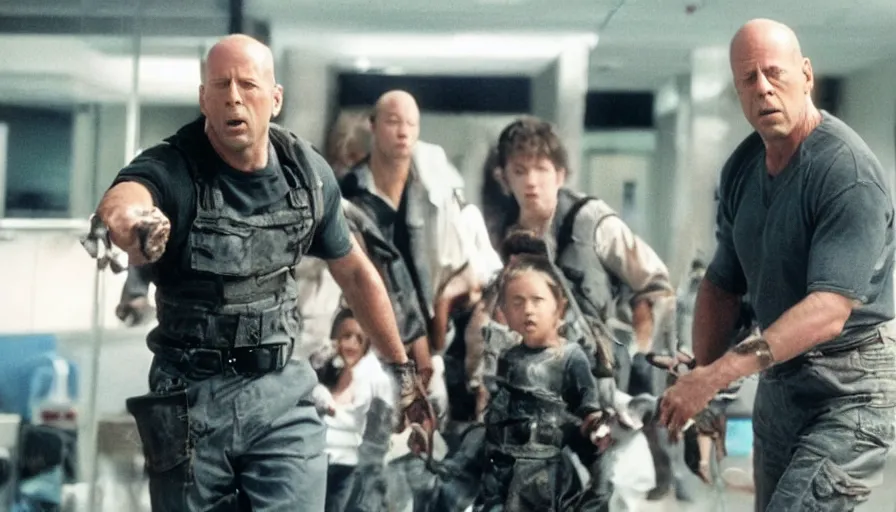 Image similar to big budget action movie about Bruce Willis destroying a children's hospital.