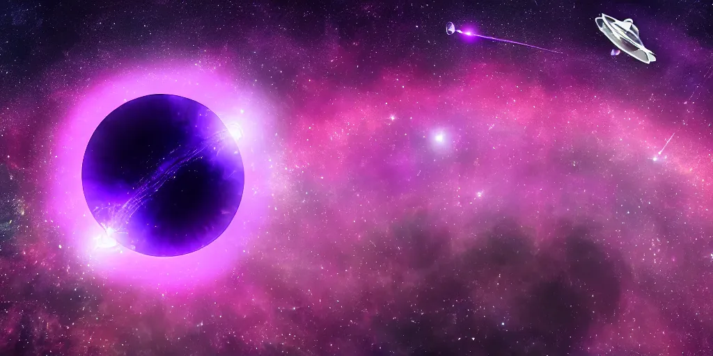Image similar to magenta amethyst planet with falling spaceship above, 🌌, sparkling stars, kaleidoscopic, 8k, high detail, wide shot