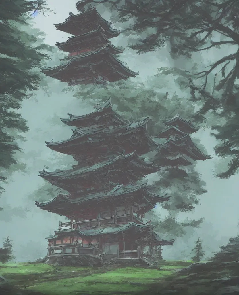 Image similar to concept art by sylvain sarrailh of a funny haunted japan temple in a forest