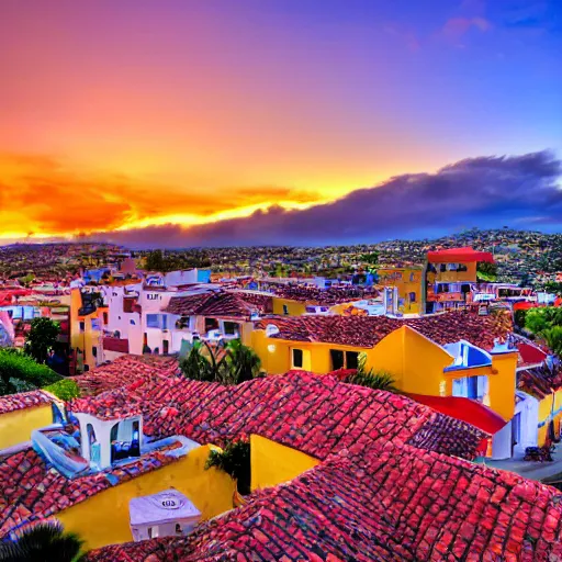 Image similar to a very high quality photo of a beautiful hispanic town during sunset