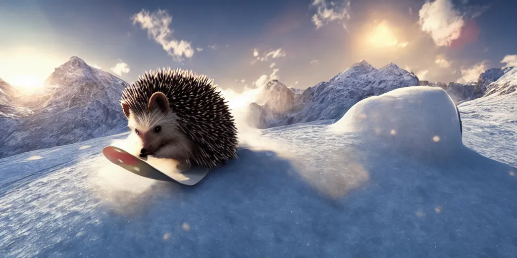 Prompt: ”hedgehog snowboarding in the alps, photorealistic, beautiful, volumetric lighting”