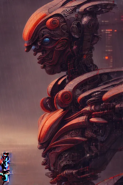 Prompt: akira from chinese mythology, hi - tech luciferian synthetic, gorgeous and huge head ornaments, dystopian, cyberpunk, mecha, cinematic dramatic light, ominous, intricate, studio, malekith concept art, zoomed out, beksinski, alphonse mucha, concept art, 4 k, sharp focus