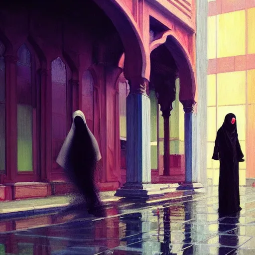 Image similar to action moment, detailed face! of a woman, courtyard, capital, cyberpunk mosque interior, control panel, watcher, omniscient, tech noir, wet reflections, impressionism, atmospheric, ambient, speed painting, livia prima, edward hopper