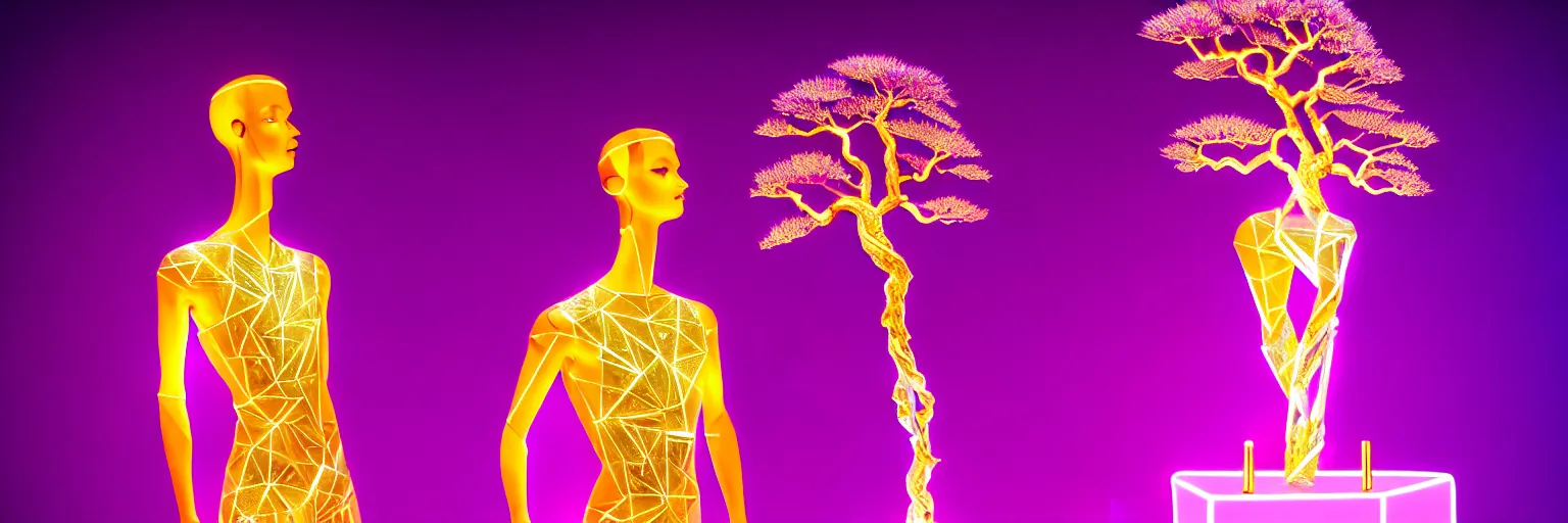 Image similar to beautiful mannequin sculpted out of amethyst by billelis + lit with geometric neon dripping gold + kintsugi, facing a doorway opening with neon pink geometric fractal light + flowering bonsai trees + lighting in background!!, transcendent, clean linework, dramatic, finely detailed, award winning, 4 k, trending on artstation, photorealistic, volumetric lighting, octane render