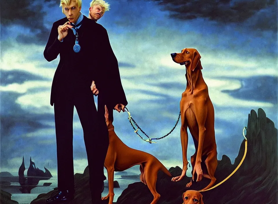 Image similar to realistic detailed portrait movie shot of an elegant blond male vampire with a doberman on a leash, sci fi landscape background by denis villeneuve, amano, yves tanguy, alphonse mucha, max ernst, caravaggio, roger dean, masterpiece, rich moody colours, dog teeth, blue eyes