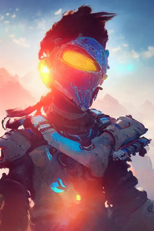 Image similar to combination suit armor aloy horizon forbidden west horizon zero dawn radiating a glowing aura global illumination ray tracing hdr fanart arstation by ian pesty and alena aenami artworks in 4 k tribal robot ninja mask helmet backpack