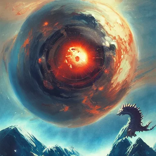 Prompt: Gigantic blue scaled dragon devouring an earth like planet while flying in space, sun system, behemoth, nebula, oil painting, by Greg Rutkowski