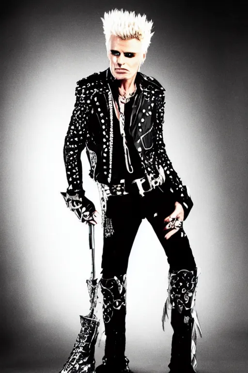 Image similar to portrait billy idol dressed in fantasy fashion, new wave, psychedelia, shiny metal, standing in a desert