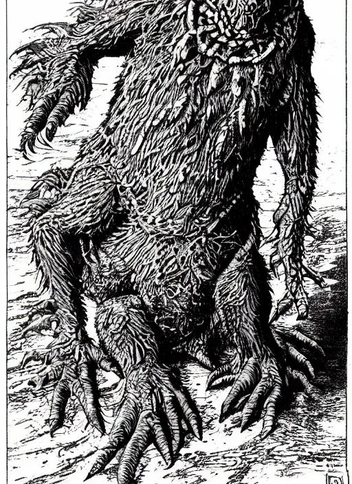 Image similar to a montauk monster as a D&D monster, full body, pen-and-ink illustration, etching, by Russ Nicholson, DAvid A Trampier, larry elmore, 1981, HQ scan, intricate details, Monster Manula, Fiend Folio