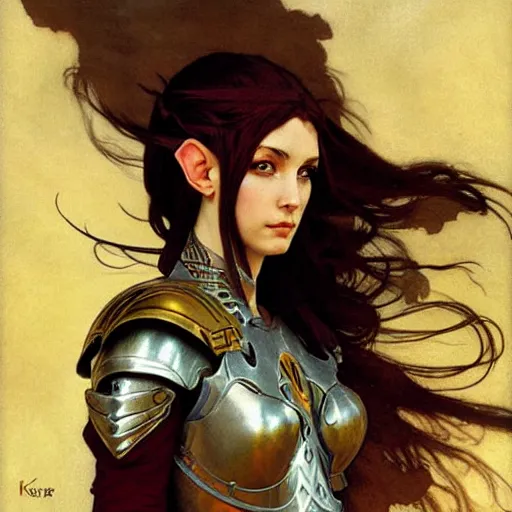 Image similar to half length portrait of a beautiful female elf armored paladin, royo, klimt, miro, vallejo, frazetta, alphonse mucha, greg rutkowski, whealan