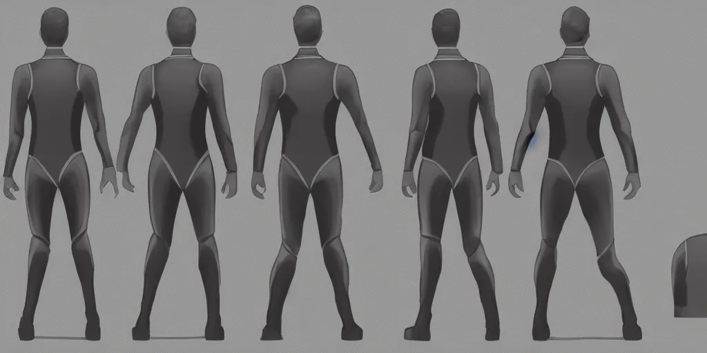 Prompt: male, science fiction suit, character sheet, concept art, stylized, large shoulders, long thin legs, concept design