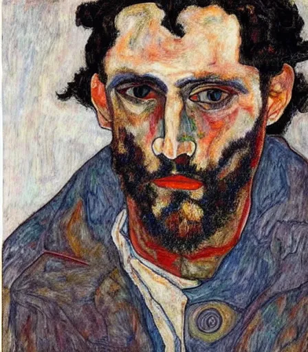 Image similar to portrait of vincent gallo by egon schiele, intense desire, high quality, high detail