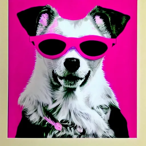 Prompt: Pink nft dog art with sun glasses portrait