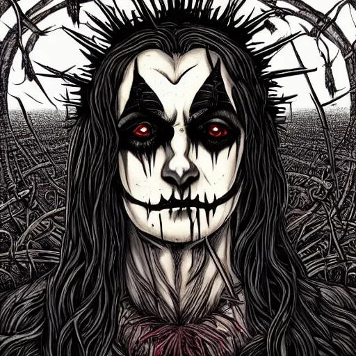 Prompt: full body detailed artwork of man wearing corpse paint and a crown on thorns with long black hair, tears of blood. Wide shot at night. Artwork by Junji Ito and dan Mumford