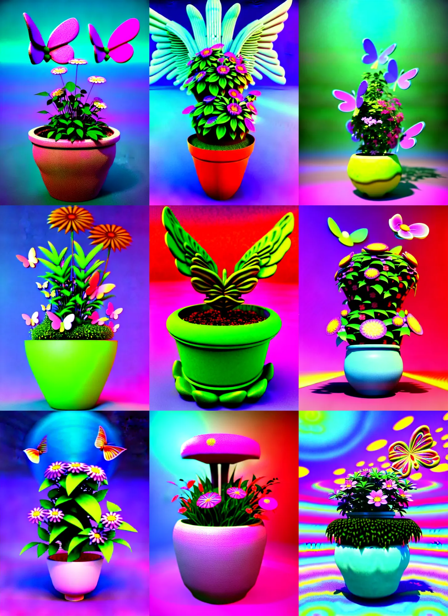 Prompt: 3d rendered chibi flower pot flower in the style of Ichiro Tanida 3D render wearing angel wings against a psychedelic acid trip swirly background with 3d rendered butterflies and 3d rendered flowers n the style of 1990's CG graphics 3d rendered y2K aesthetic by Ichiro Tanida, 3DO magazine