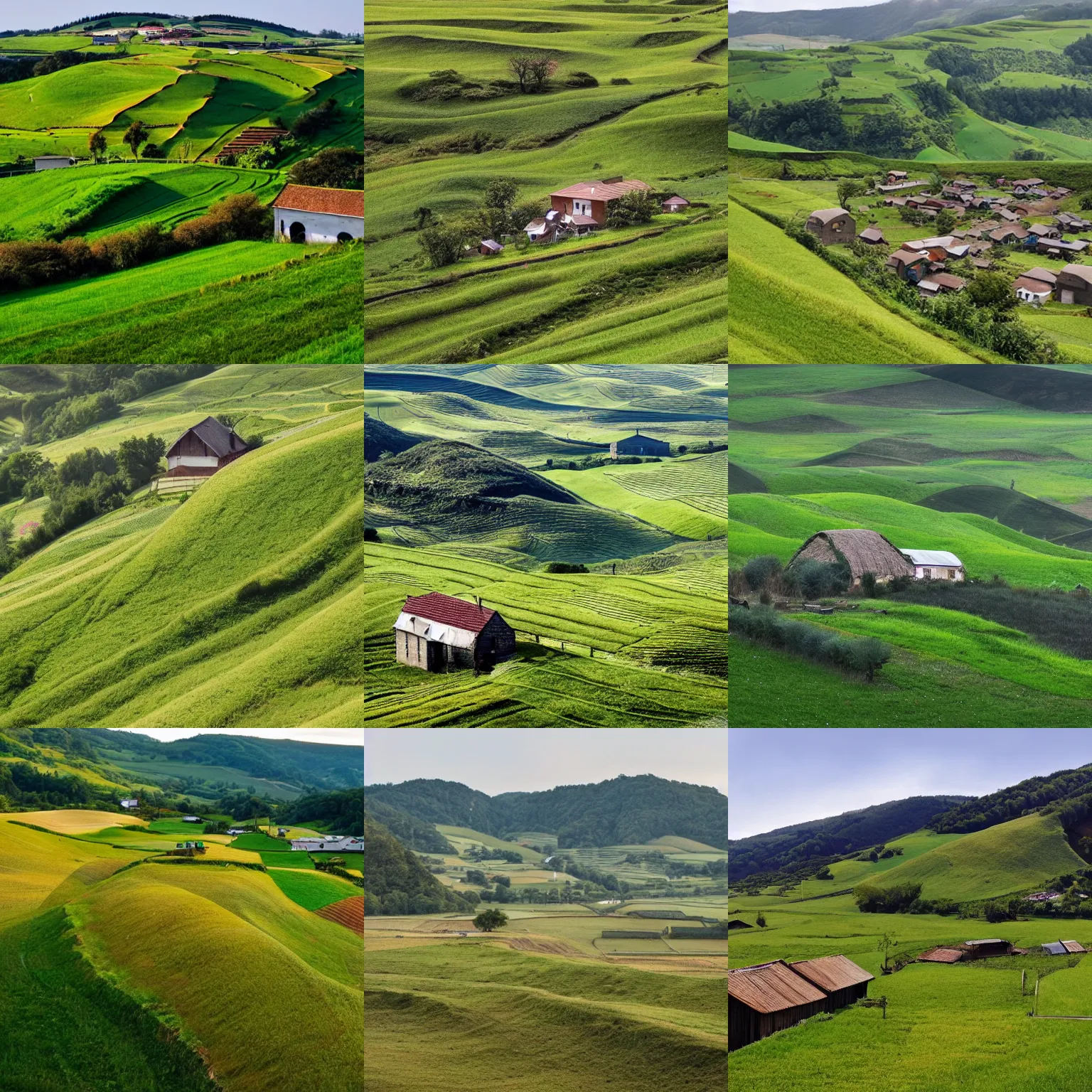 Prompt: a humble farming village located in a vast landscape of grassy hills
