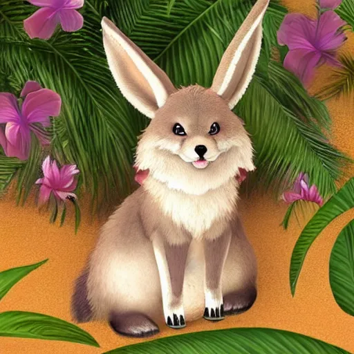 Image similar to a photorealistic adorable zany girly alluring chubby charming but slightly terrifying fennic fox wolf rabbit hybrid, with long floppy rabbit ears, wearing a bow on the top of its head, grinning at the camera with a mischievous look, sharp teeth, happy lighting, at a tropical beach