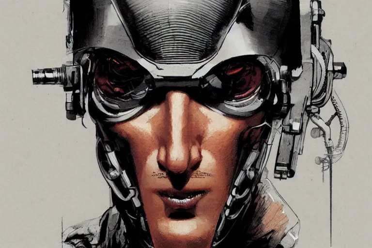 Image similar to closeup portrait stunning full - color art nouveau action shot of a bullet approaching a head, extremely detailed facial structure, dieselpunk armor, linework, by bill sienkiewicz, travis charest and michael golden, dark sci - fi, deep complexity, superhero character concept art, photorealism, stunning framing, dim volumetric lighting, hyperrealism, 8 k