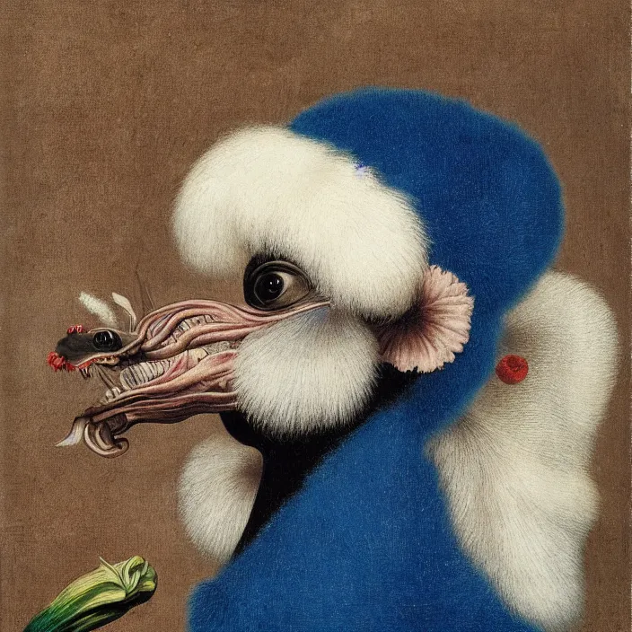 Image similar to close up portrait of a mutant monster creature with white fluffy moth pouf, exotic lily ears, delicate blue conch corns, snout. by jan van eyck, walton ford