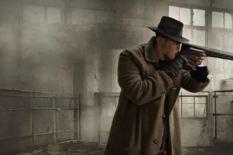 Prompt: a man wearing a trenchcoat and firing with a shotgun against a giant spider in an abandoned industrial complex, intricate details, cinematic, wide angle