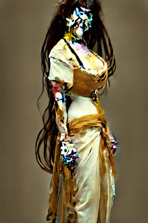 Image similar to cute girl portrait with open chest white ancient clothes by Alphonse Mucha and Octane Render