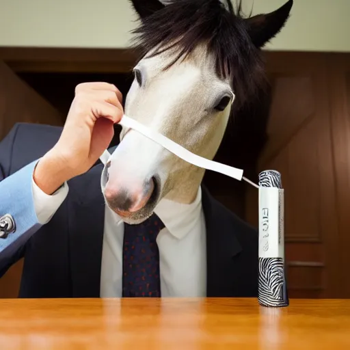 Image similar to horse in business suit snorting cocaine