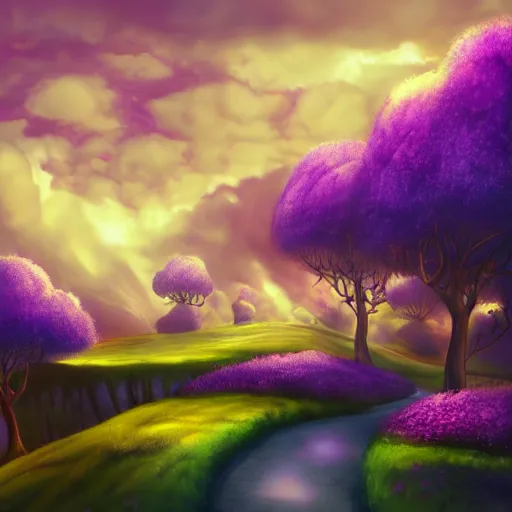 Image similar to landscape of an alice and wonderland themed landscape, purple clouds look the sky, dynamic lighting, fantasy concept art, trending on art station, stunning visuals, creative, cinematic, ultra detailed