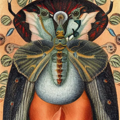 Image similar to hyperrealistic moth deity in the style of bosch