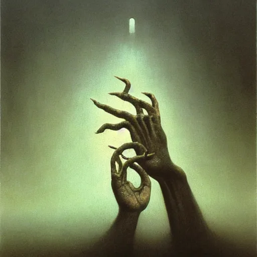 Image similar to hand and arm reaching out of thick fog, zdzislaw beksinski