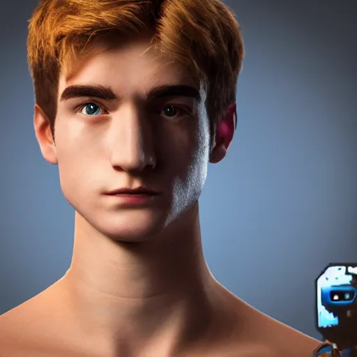 Image similar to “a realistic detailed photo of a guy who is an attractive humanoid who is half robot and half humanoid, who is a male android, twitch streamer Ninja Tyler Blevins, shiny skin, posing like a statue, blank stare, streaming”