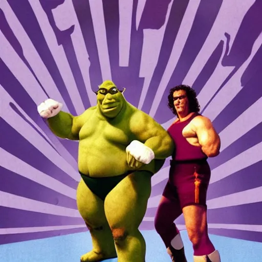 Image similar to WWF poster for shrek vs andre the giant at wrestlemania 8, dramatic lighting, 8k ,