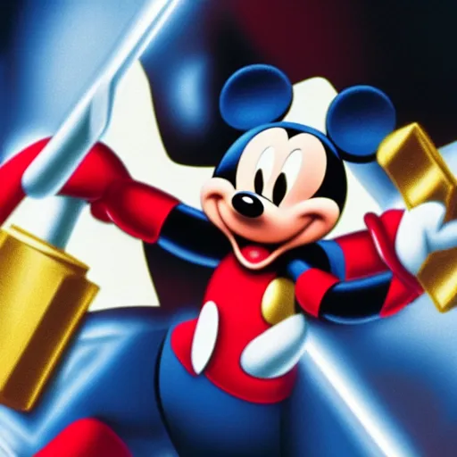 Image similar to Film still of Mickey Mouse as Thor, holding his Mjolnir