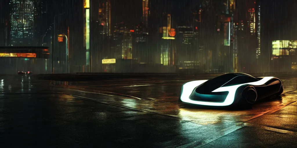 Image similar to cinematic movie scene, beautiful Product shot film still of a Syd Mead futuristic modern sleek automobile with bright headlights on a wet street at night in cyperpunk city, motion, hard surface modeling, volumetric soft lighting, style of Stanley Kubrick cinematography, 8k H 768