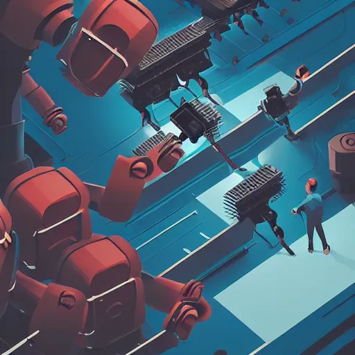 Image similar to a beautiful highly detailed vector illustration close up of a boxing match with robots in a factory, punk styling by atey ghailan, cliff chiang, loish and goro fujita, silver, silver, brown, black, blue and cyan tones, featured on artstation, featured on behance, grunge aesthetic