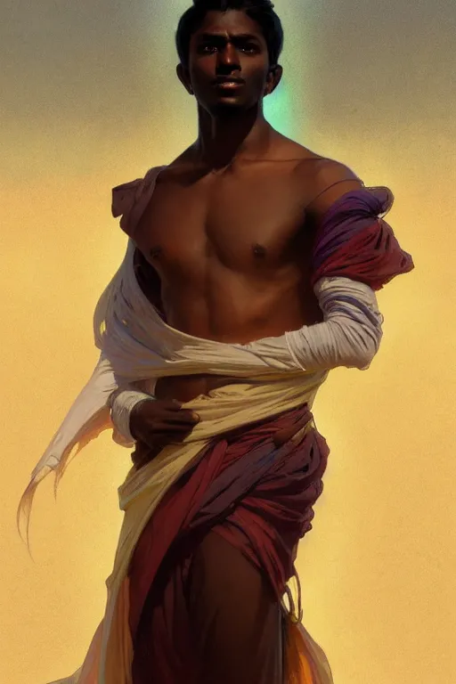 Image similar to full figure beautiful young fit dark skin man, covered in multicolored arabian fluent clothes, luminous scene, by greg rutkowski and alphonse mucha, d & d character, gradient white to gold, in front of a dune desert background, highly detailed portrait, digital painting, artstation, concept art, smooth, sharp focus illustration, artstation hq