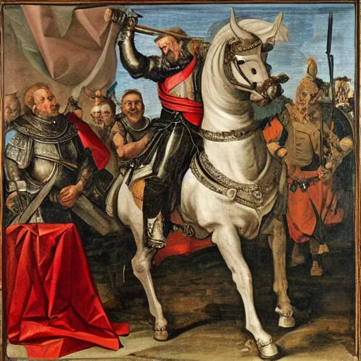 Image similar to donald trump, wearing knight ’ s armor, holding a spectacular broadsword, by annibale carracci, two arms, two legs, symmetrical face, detailed face