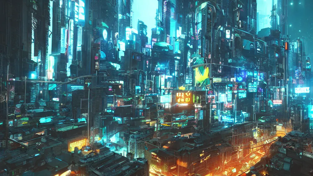 Image similar to cyberpunk city built underwater, nighttime, fluorescent led, made in blender, octane render, cinematic, volumetric lighting, futuristic,, hyperrealistic, highly detailed, colourful 4 k hd