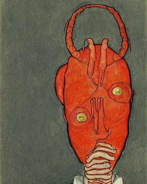 Image similar to portrait of an anthropomorphic lobster by egon schiele in the style of greg rutkowski