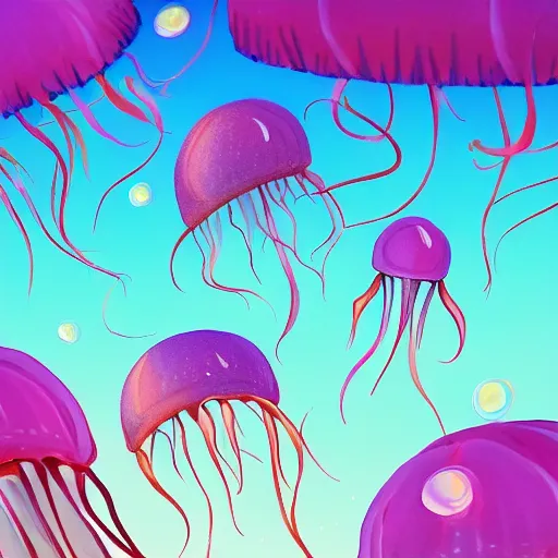 Prompt: Lots of jellyfish swimming in the sky by Ariel Lee