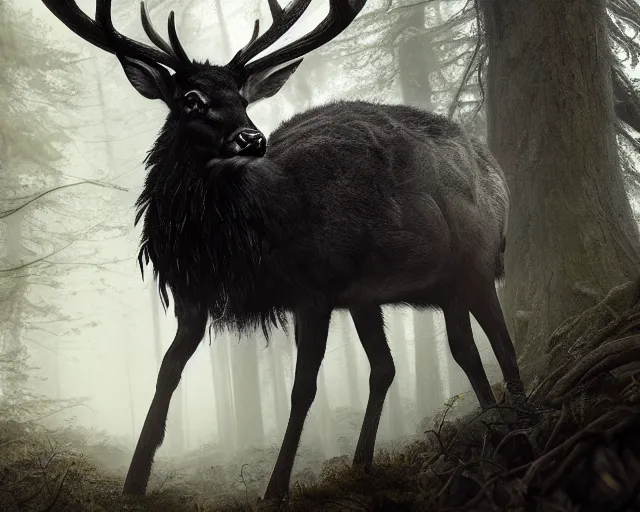 Prompt: 5 5 mm portrait photo of a black stag with antlers and black feathers in a magical forest. scary. magical atmosphere. art by greg rutkowski and luis royo. highly detailed 8 k. intricate. lifelike. soft light. nikon d 8 5 0.