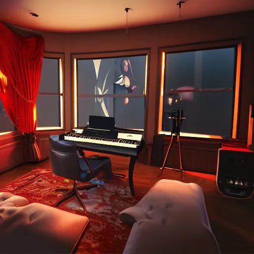 Image similar to A screenshot of a Virtual Reality music studio, living room vibe, Paris hotel style, red velvet furniture, light rays coming out of the windows, raytracing, highly detailed, futuristic, unreal engine 5, photoscanned, photorealistic,