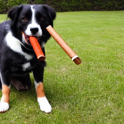 Image similar to a photograph of a dog with a cigar in its mouth