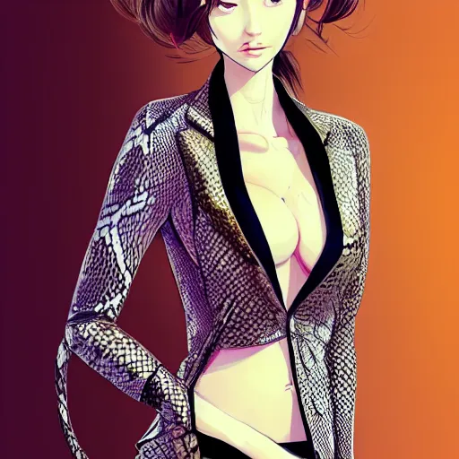 Image similar to cute beautiful decisive girl in jacket suit with snake print over bare skin, elegant, 2d, ultra highly detailed, digital painting, smooth, sharp focus, artstation, pixiv, art by Ilya Kuvshinov