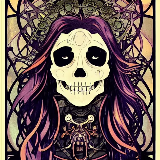 Image similar to anime manga skull portrait marvel beautiful woman demon dc balloons comic skeleton illustration style by Alphonse Mucha pop art nouveau