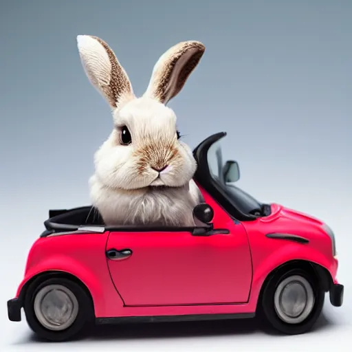 Prompt: a cute bunny driving miniture convertible, studio photo, high quality