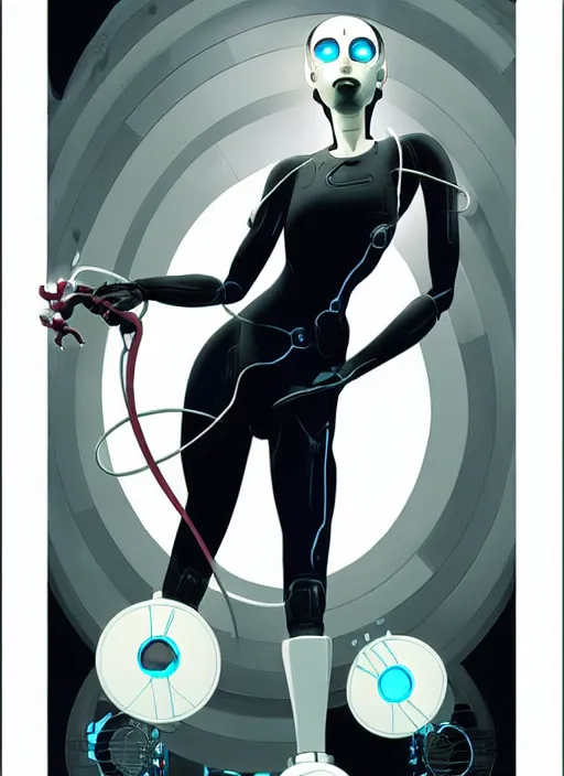 Image similar to poster artwork by Michael Whelan and Tomer Hanuka, of GLADOS from the game Portal 2, from Valve, Aperture Science, clean